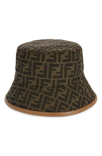 Shop Fendi Ff Logo Twill Bucket Hat In Tan/ Brown