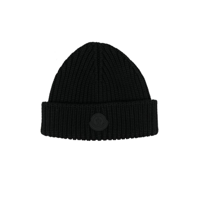 Shop Moncler Black Logo Wool Beanie Hat