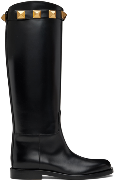 Shop Valentino Black Roman Stud Boots In 0no Nero