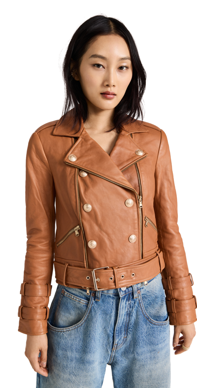 Shop L Agence Billie Belted Leather Jacket In Cognac