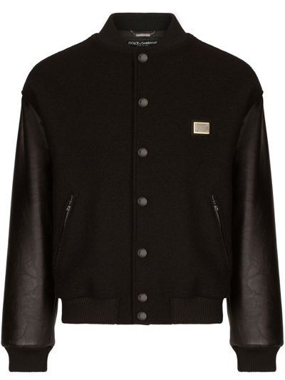Shop Dolce & Gabbana Leather-panel Black Bomber Jacket In Nero