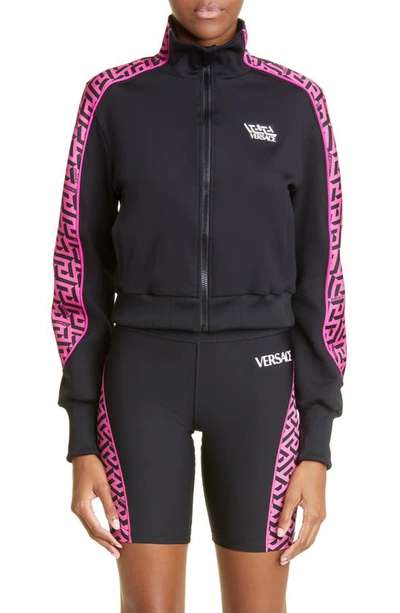 Shop Versace La Greca Monogram Print Track Jacket In Fuchsia Black