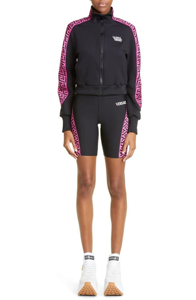 Shop Versace La Greca Monogram Print Track Jacket In Fuchsia Black