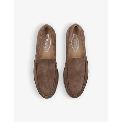 Shop Tod's Raffia-trimmed Suede Loafers In Dark Brown