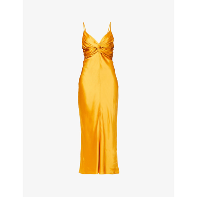 Shop Tove Sofia Knot-detail Silk Midi Dress In Autumn Tan