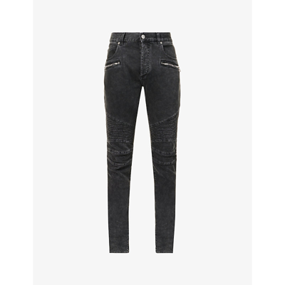 Shop Balmain Ribbed Tapered Mid-rise Stretch-denim Jeans In Noir Delave
