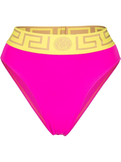 Shop Versace Greca Bikini Bottoms In Pink & Purple