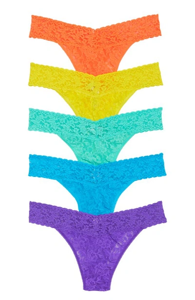 Hanky Panky 5 Pack Plus Size Signature Lace Thongs In Printed Box In Tango/sunny/blue/green/purple