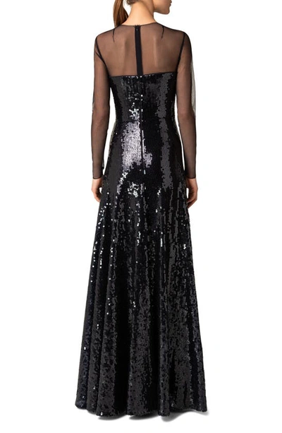 Shop Akris Tulle & Sequin Long Sleeve A-line Gown In 097 Navy