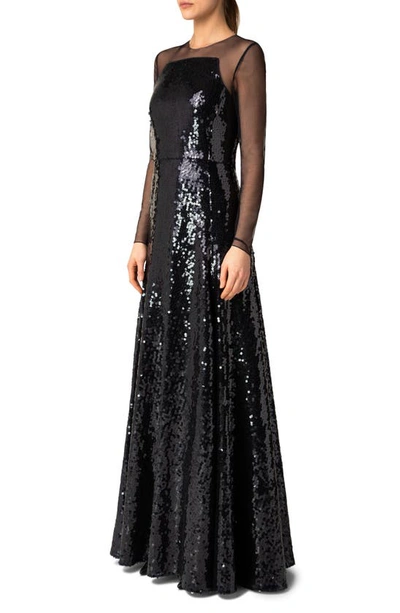 Shop Akris Tulle & Sequin Long Sleeve A-line Gown In 097 Navy