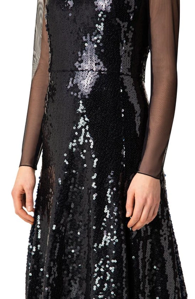 Shop Akris Tulle & Sequin Long Sleeve A-line Gown In 097 Navy