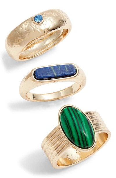Shop Open Edit Set Of 3 Semiprecious Stone Rings In Blue- Green- Gold