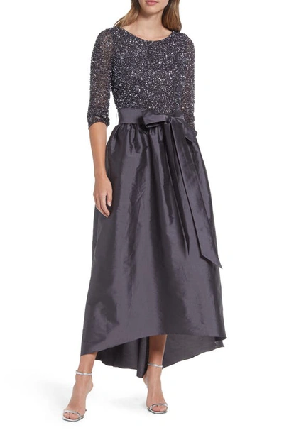 Shop Pisarro Nights Beaded Bodice Taffeta A-line Gown In Grey