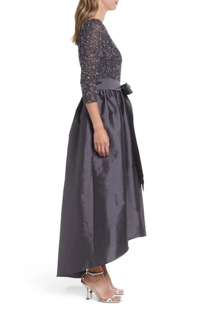 Shop Pisarro Nights Beaded Bodice Taffeta A-line Gown In Grey
