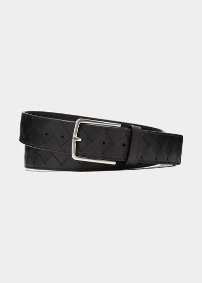 Shop Bottega Veneta Men's Cintura Intrecciato Leather Belt In Fondant Silver