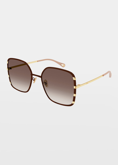 Shop Chloé Gradient Square Golden Metal Sunglasses In Brown
