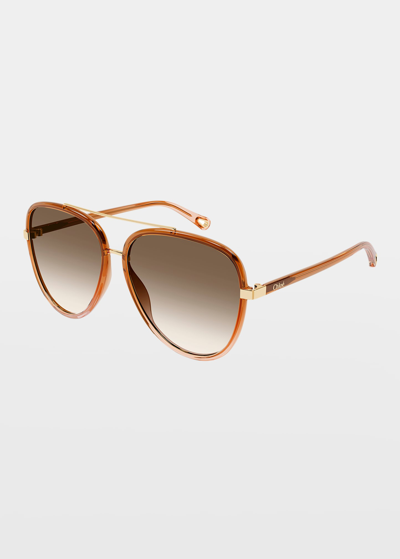 Shop Chloé Golden Injection Plastic Aviator Sunglasses In Brown