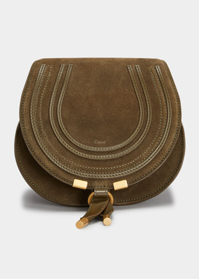 Shop Chloé Marcie Small Suede Saddle Crossbody Bag In Deep Olive