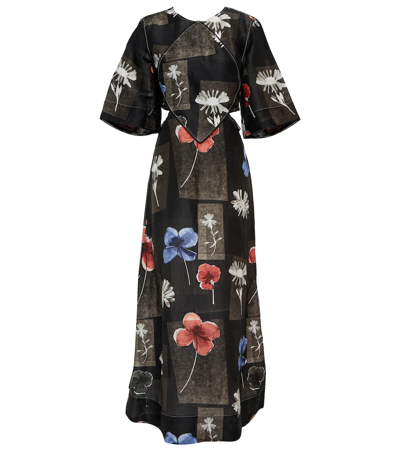 Shop Ganni Floral Linen And Silk Maxi Dress In Flowers Black