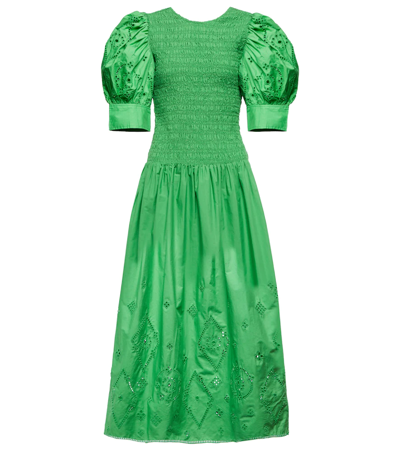 Shop Ganni Broderie Anglaise Cotton Midi Dress In Kelly Green