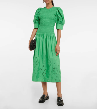 Shop Ganni Broderie Anglaise Cotton Midi Dress In Kelly Green