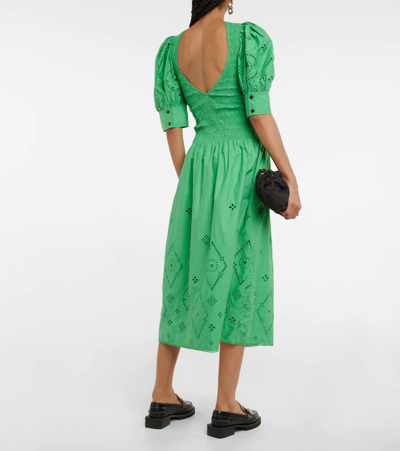 Shop Ganni Broderie Anglaise Cotton Midi Dress In Kelly Green