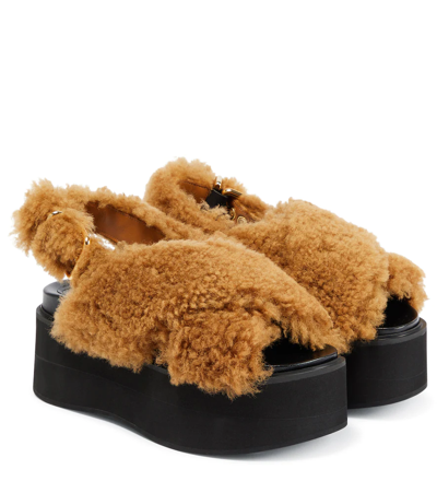 Marni Brown Shearling Fussbett Platform Sandals In Caramel