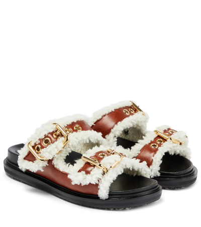Shop Marni Fussbett Shearling-trimmed Leather Sandals In Cigar/natural White