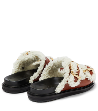 Shop Marni Fussbett Shearling-trimmed Leather Sandals In Cigar/natural White