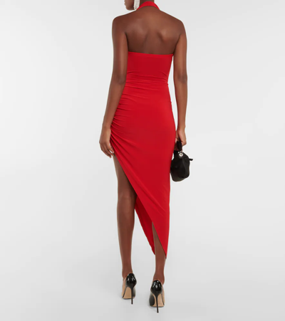 Shop Norma Kamali Cayla Halterneck Ruched Midi Dress In Tiger Red