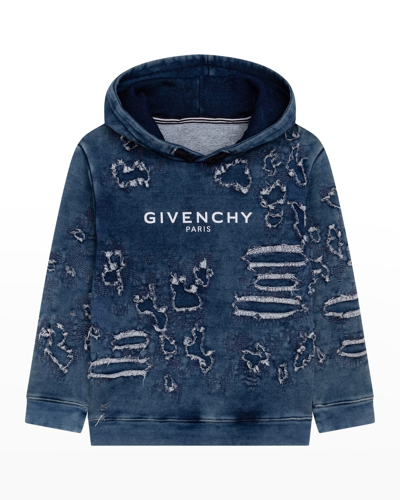 Shop Givenchy Boy's Distressed Denim-look Hoodie Sweatshirt In Z10-denim Blue