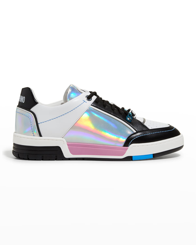 Shop Moschino Men's Iridescent Colorblock Leather Low-top Sneakers In Multi