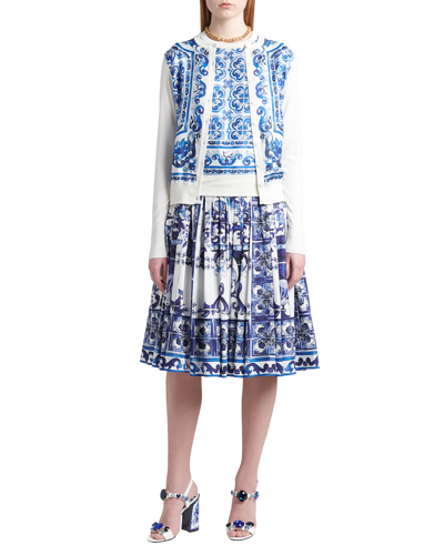 Shop Dolce & Gabbana Tile-print Pleated Poplin Midi Skirt In Naturalwhi