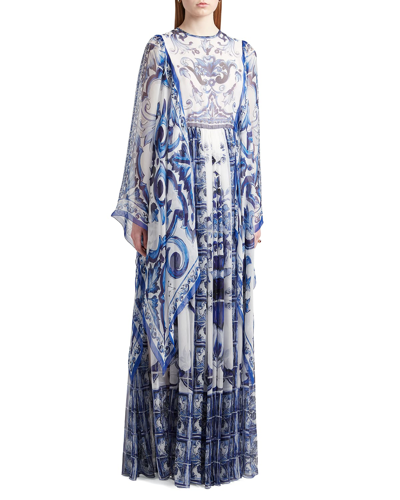 Shop Dolce & Gabbana Tile-print Silk Chiffon Maxi Dress In Naturalwhi