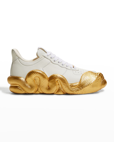 Shop Giuseppe Zanotti Men's Birel Vague Bianco Cobra Leather Sneakers In Wht/gold
