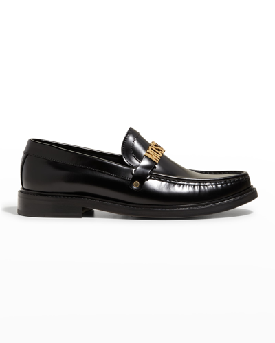 Shop Moschino Men's College Metal Logo Leather Loafers In Black