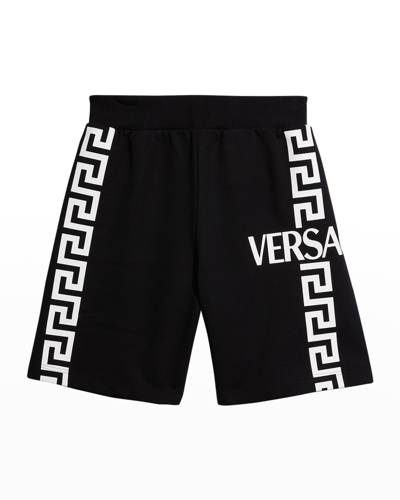 Shop Versace Boy's Greca Logo Bermuda Shorts In Nero Bianco
