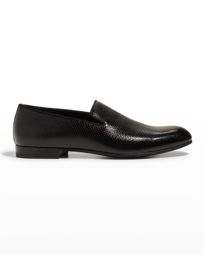 Shop Giorgio Armani Men's Textured Leather Formal Loafers In Black