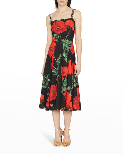 Shop Dolce & Gabbana Floral-print Ruched Silk Charmeuse Midi Dress In Popblkback
