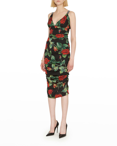 Shop Dolce & Gabbana Floral-print Ruched Silk Charmeuse Midi Dress In Blkprtback
