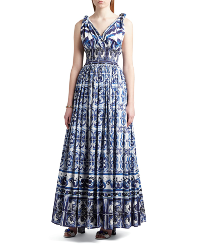 Shop Dolce & Gabbana Tile-printed Smocked Poplin Maxi Dress In Naturalwhi