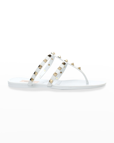 Shop Valentino Rockstud T-strap Flat Slide Sandals In White