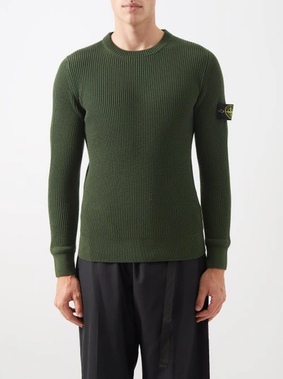Stone Island Olive Green Wide Ribbed Wool Sweater | ModeSens