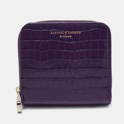 Pre-owned Aspinal Of London Purple Croc Embossed Leather Zip Around Compact Wallet
