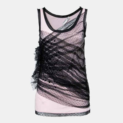 Pre-owned Valentino Pink/ Black Mesh Overlay Ruffled Detailed Top L