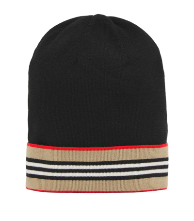 Shop Burberry Kids Wool Icon Stripe Beanie Hat In Black