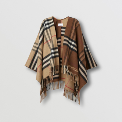 Shop Burberry Contrast Check Wool Cashmere Cape In Archive Beige/dark Birch Brown