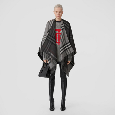 Shop Burberry Contrast Check Wool Cashmere Jacquard Cape In Grey/charcoal