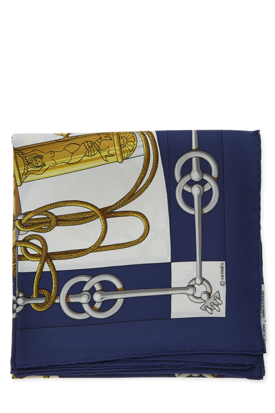 Pre-owned Hermes Navy & Multicolor 'cliquetis' Silk Scarf 90