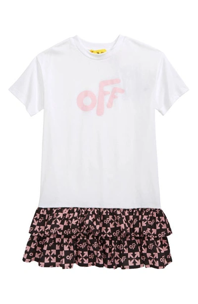 Shop Off-white Kids' Logo Tiered Drop Waist T-shirt Dress In White Pink